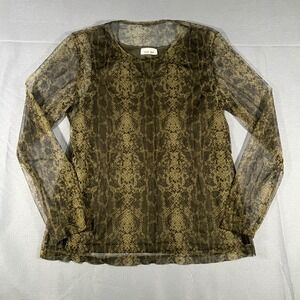 TOO NOT Olive Green Snakeskin Print Sheer Mesh Long‎ Sleeve Top Grunge Y2K